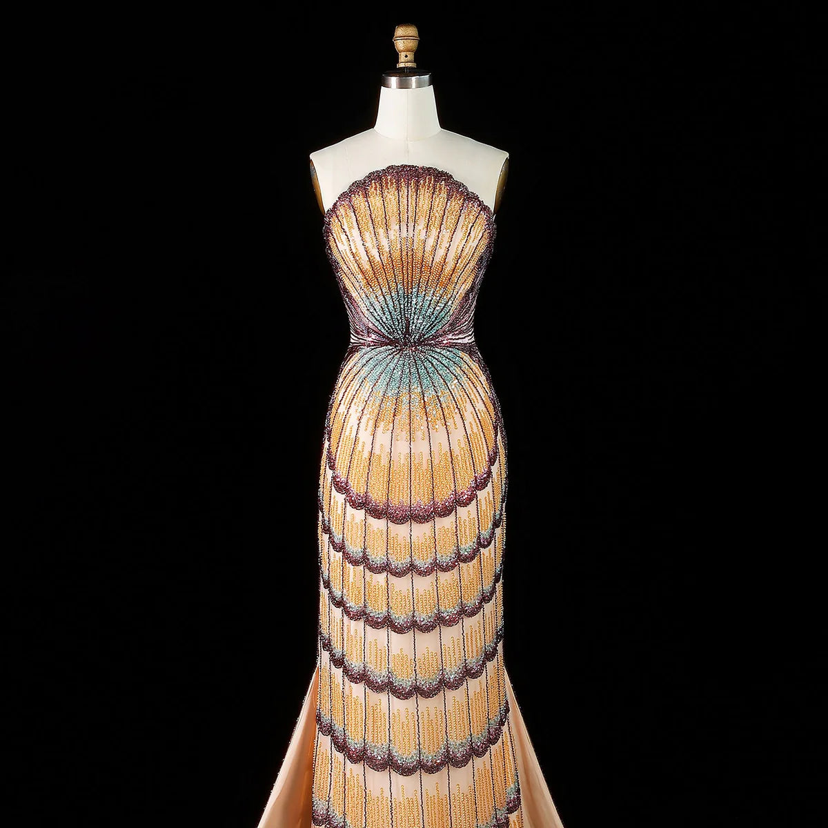 Art Deco Scalloped Crystal Mermaid Gown with Detachable Train