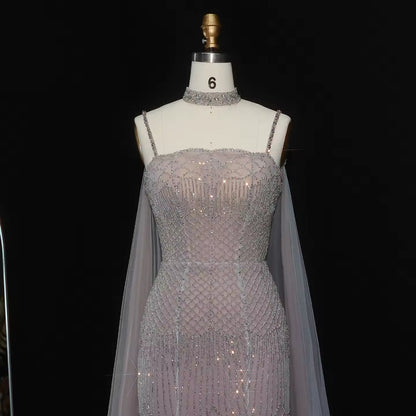 Elegant Beaded Lotus Pink Mermaid Evening Gown with Sheer Cape
