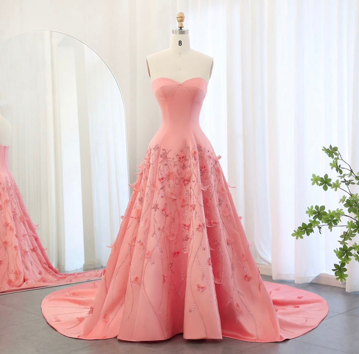 Luxury Feathers Coral Pink 3D Flowers Dress