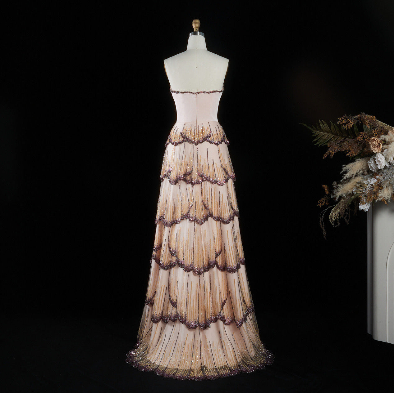Tiered Crystal-Embellished Gown with Scalloped Petal Layers