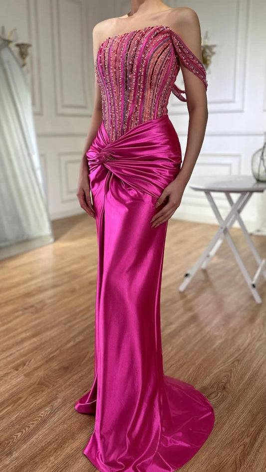 Fuchsia One Shoulder Side Split Mermaid Luxury Evening Gown Beaded