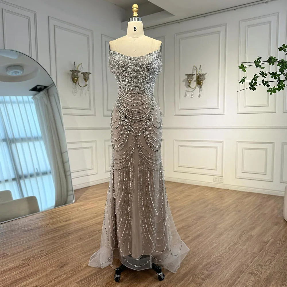 “Pearl Symphony” Luxury Crystal Gown with Flowing White Drape