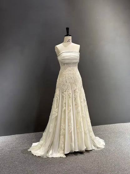 Pearl-Trimmed Strapless Gown with Lace Appliqué & Satin Panels