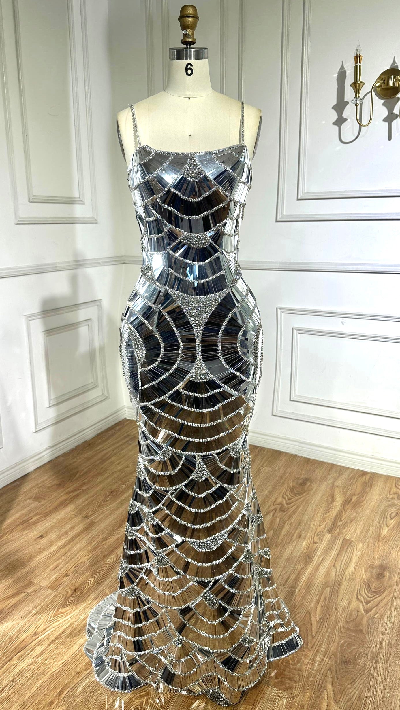 Luxury Silver Mirror Mosaic Mermaid Evening Dress