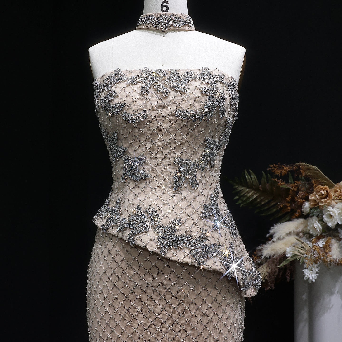 Luxury Silver Crystal Mermaid Evening Dress With Asymmetric Peplum