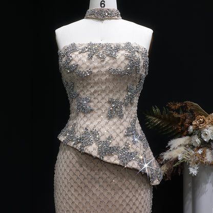 Luxury Silver Crystal Mermaid Evening Dress With Asymmetric Peplum