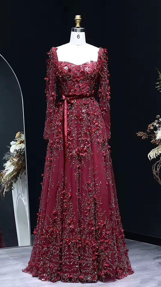 Luxury 3D Flower Long Sleeves Evening Dress