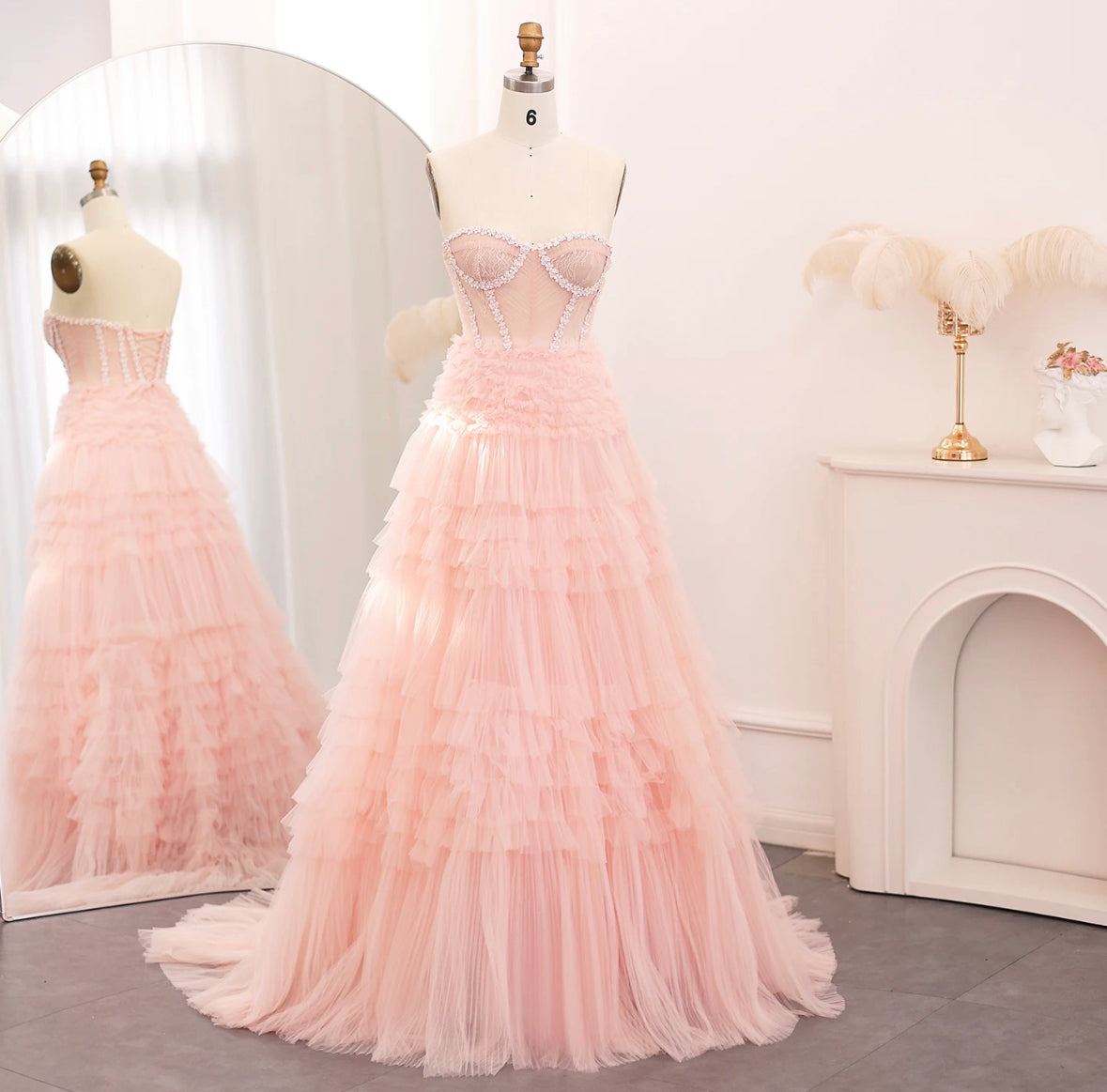 Elegant Ball Gown pink Tulle Evening Dress