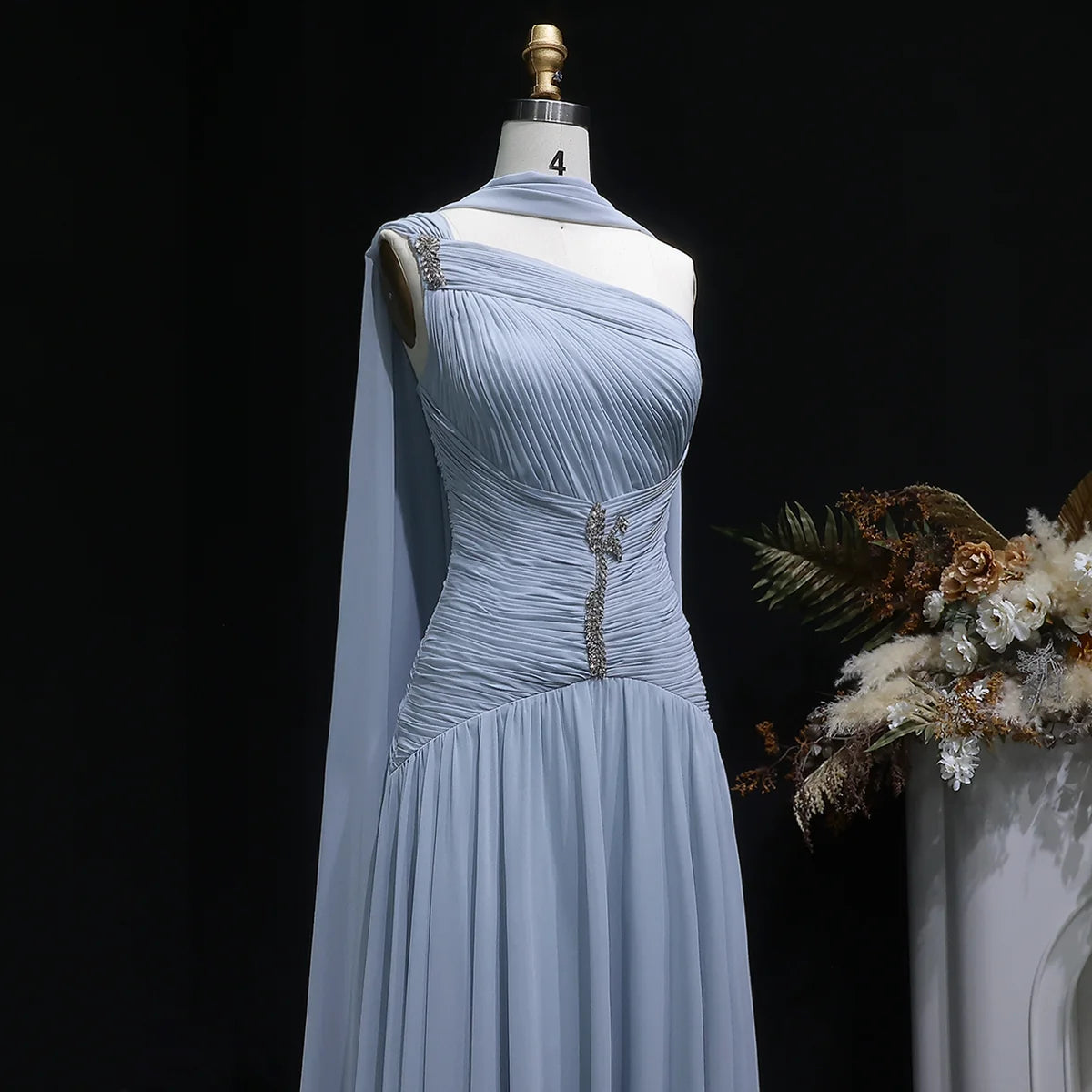 Dusty Blue One-Shoulder Chiffon Gown with Ruched Bodice & Crystal Brooch