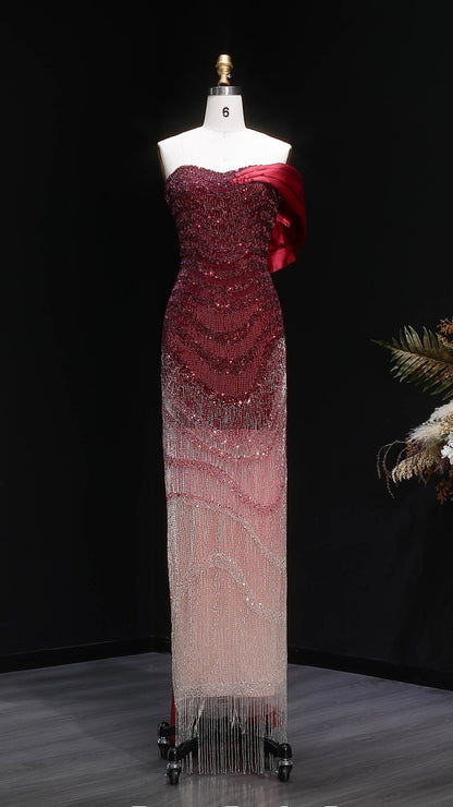Ombre Beaded Fringe Gown with Satin Drape Train