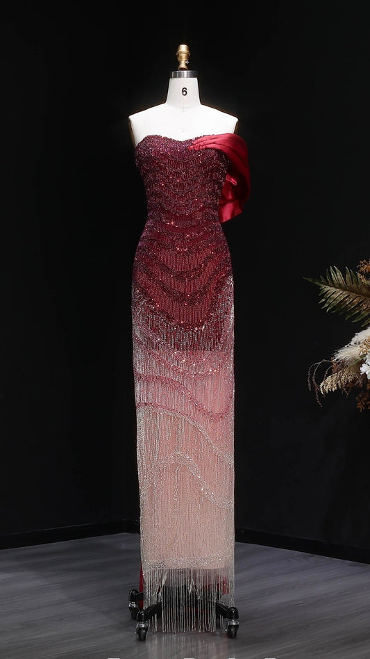 Ombre Beaded Fringe Gown with Satin Drape Train