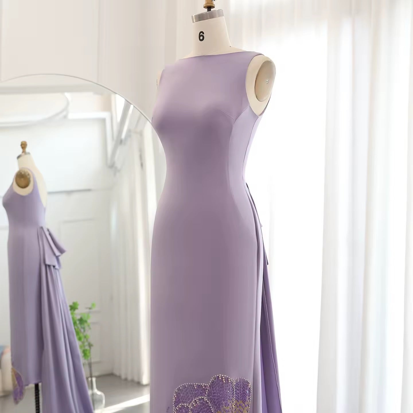 Elegant Fitted Gown with Beaded Butterfly Detail