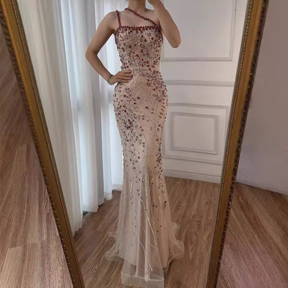“Cherry Sparkle” Gown Red Crystal Beaded One-Shoulder Design