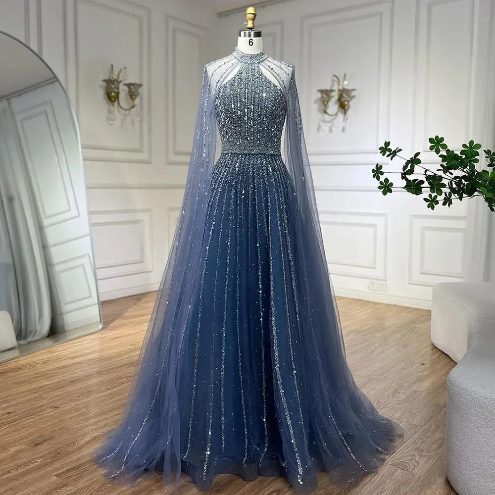 Mermaid Elegant Cape Sleeves Beaded Luxury Evening Dress