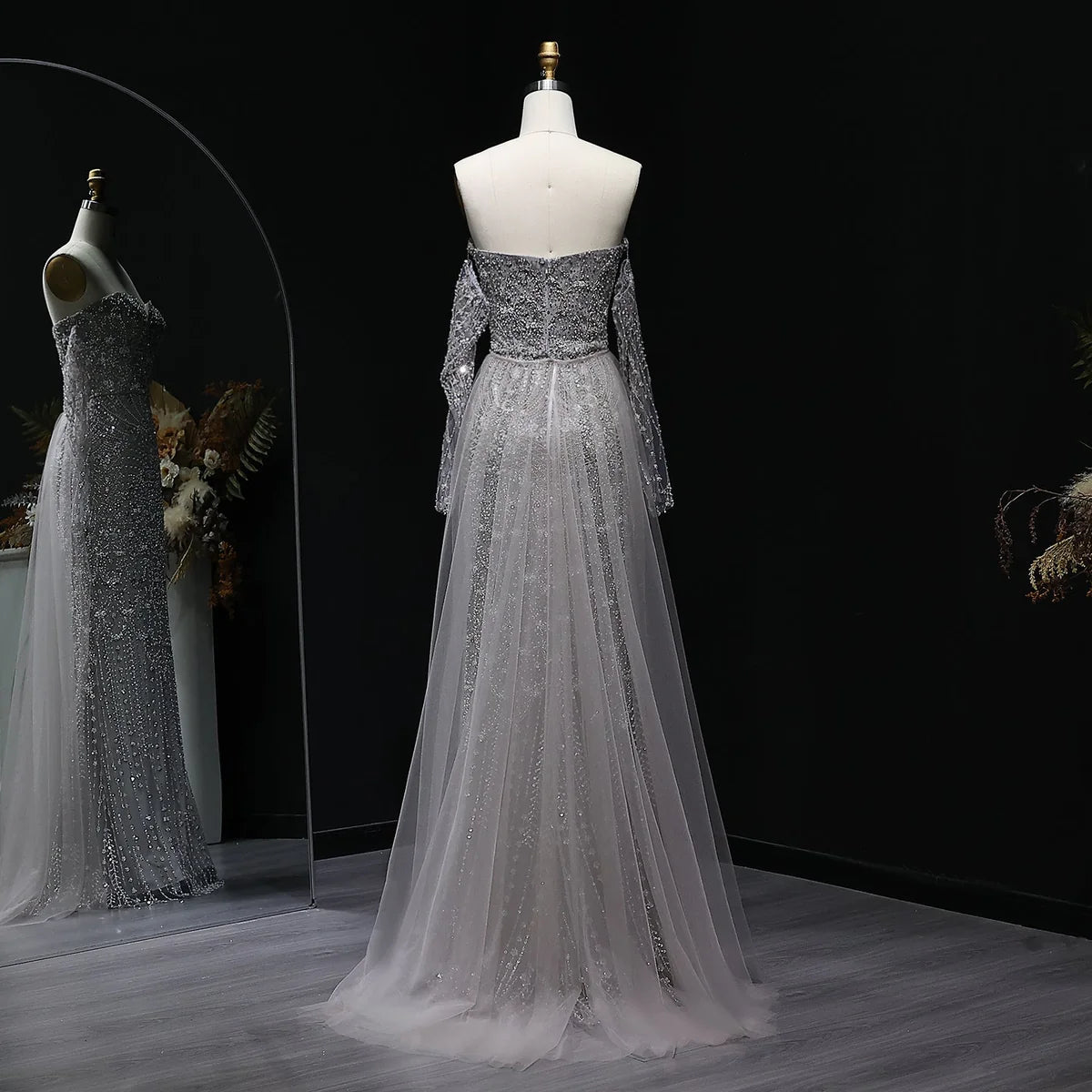 “Silver Cascade” Beaded Gown with Draped Crystal Sleeves and Matching Overlay