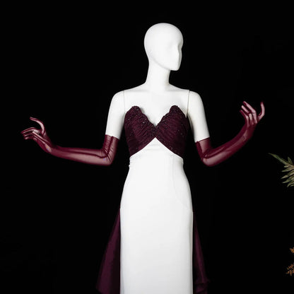Elegant Contrast Evening Dress with Ruched Beaded Bodice and Statement Train