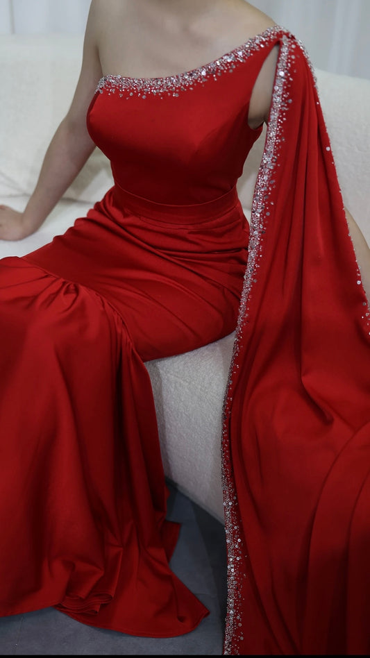 Red dress with long crystal scarf