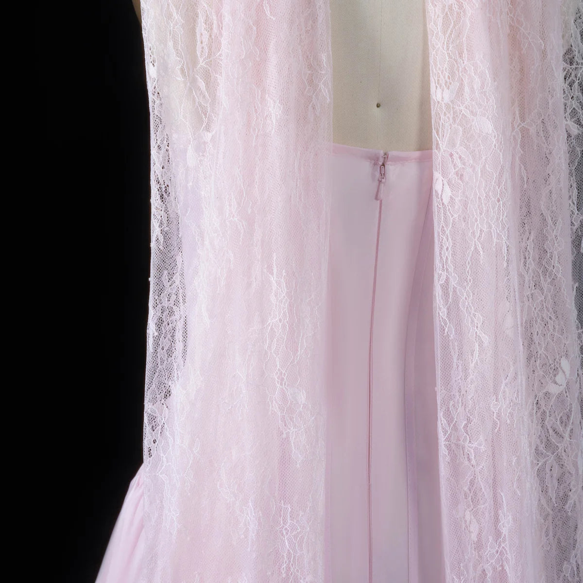 Baby Pink Corset Ball Gown with Asymmetrical Waist & Lace Scarf
