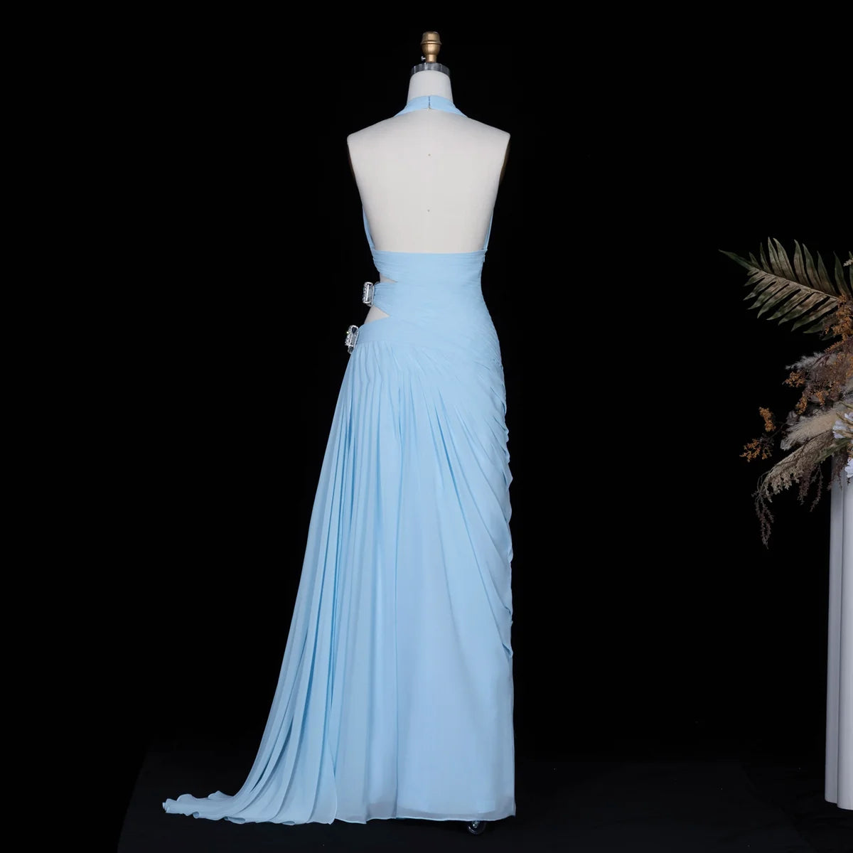 Light Blue Halter Chiffon Gown with Side Cut-outs & Crystal Bows