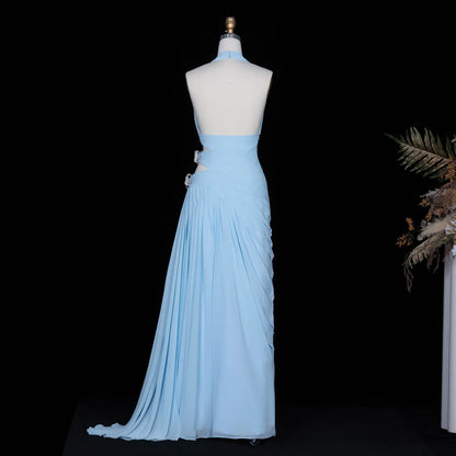 Light Blue Halter Chiffon Gown with Side Cut-outs & Crystal Bows