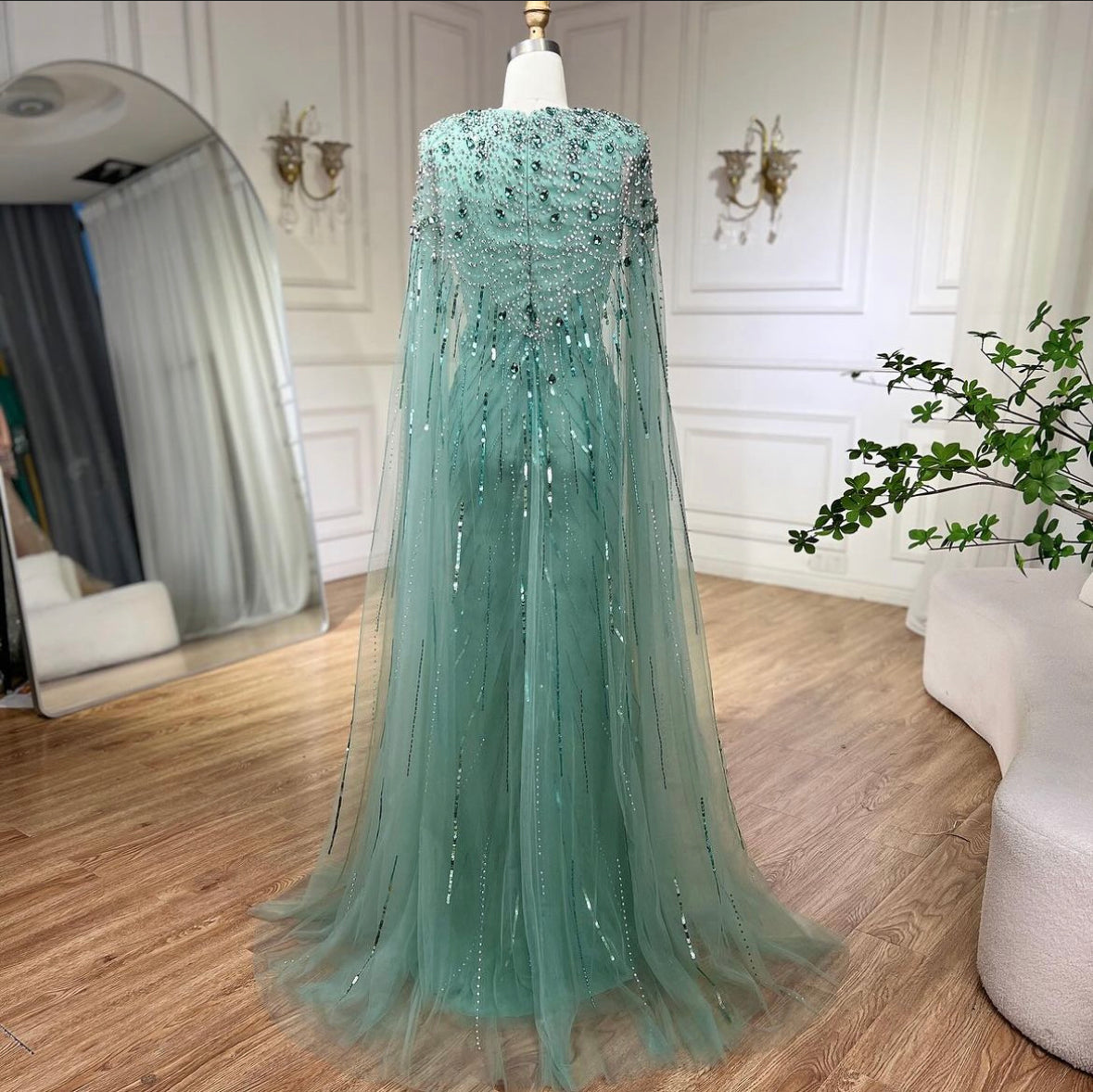 Turquoise Evening Dress Gowns 2024 with Beaded Cape Sleeves Design