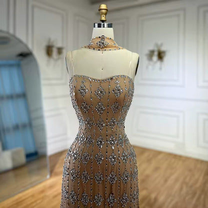Nude Strapless Beaded A-Line Evening Dress