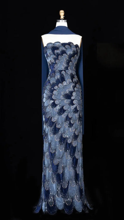 Elegant Strapless Dress with Scalloped Beadwork and Statement Cape