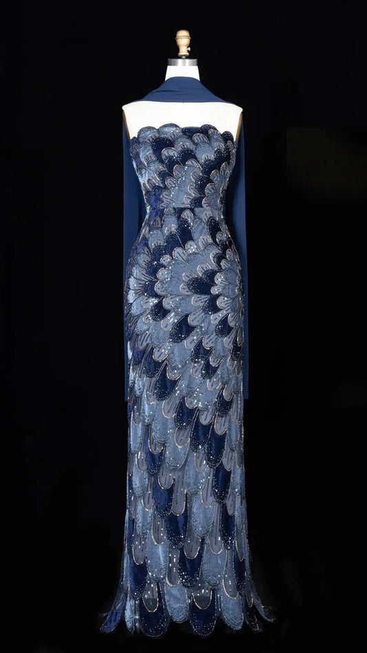 Elegant Strapless Dress with Scalloped Beadwork and Statement Cape