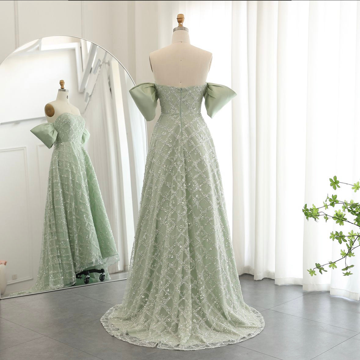 A-line Sage Green Evening Dress