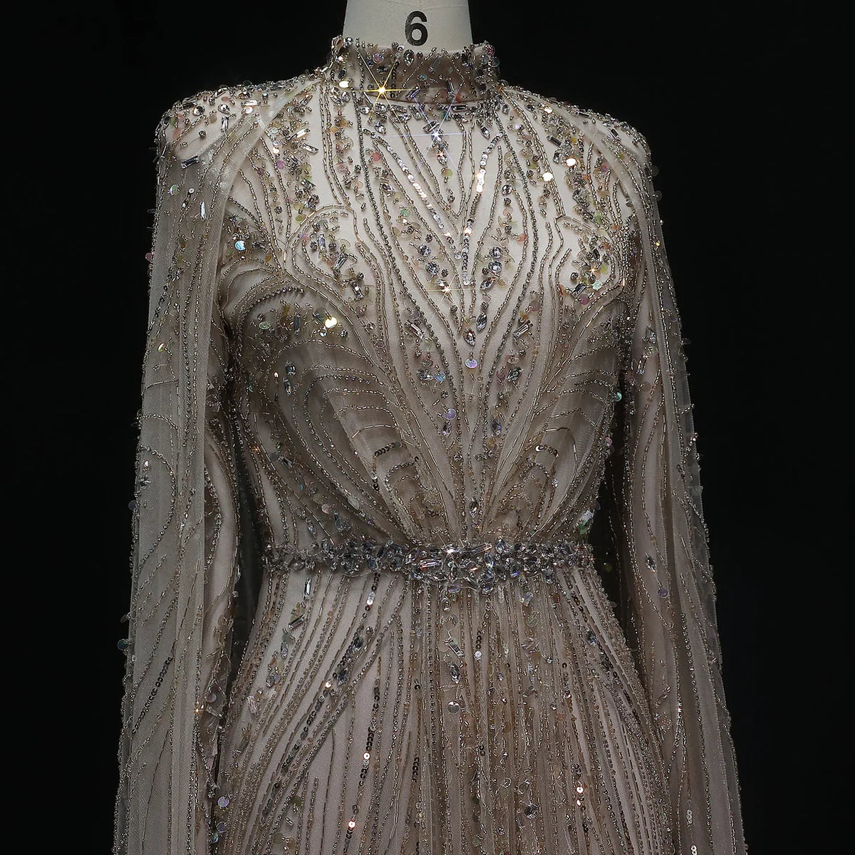 “Regal Dust” Embroidered High Neck Gown with Flowing Cape Sleeves