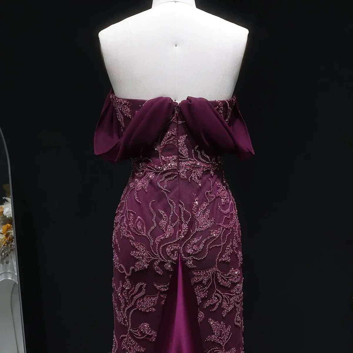 Burgundy "Orchid" Off-Shoulder Gown with Floral Crystal Embroidery and Satin Inset Train