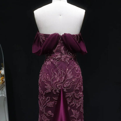 Burgundy "Orchid" Off-Shoulder Gown with Floral Crystal Embroidery and Satin Inset Train