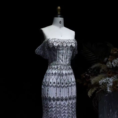 Crystal Glow” Gown – Off-shoulder embellished evening dress, available in two sleeve styles