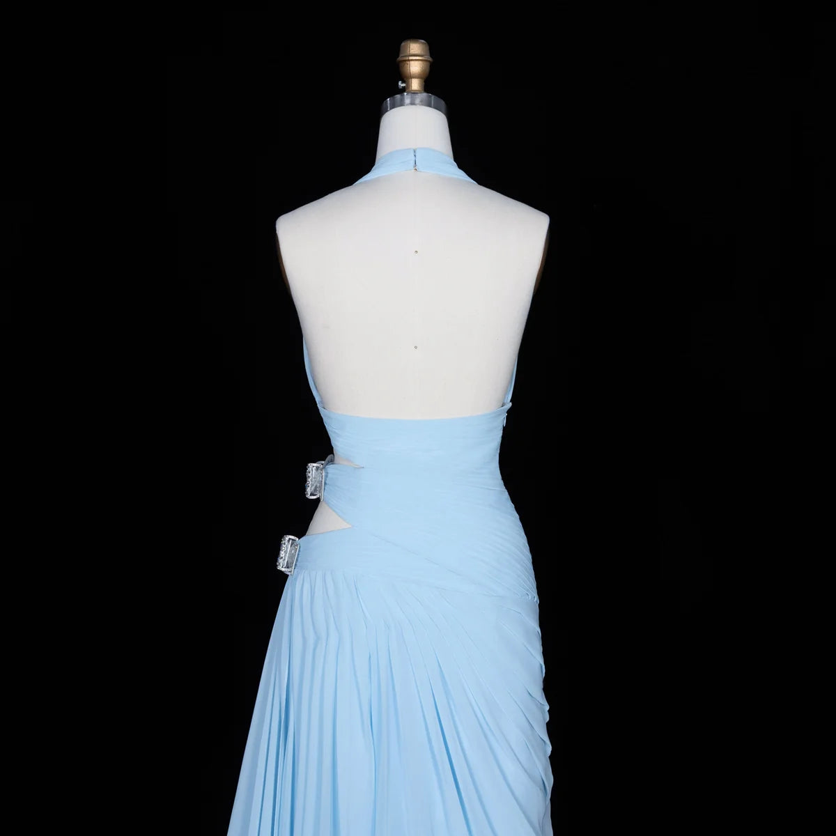 Light Blue Halter Chiffon Gown with Side Cut-outs & Crystal Bows