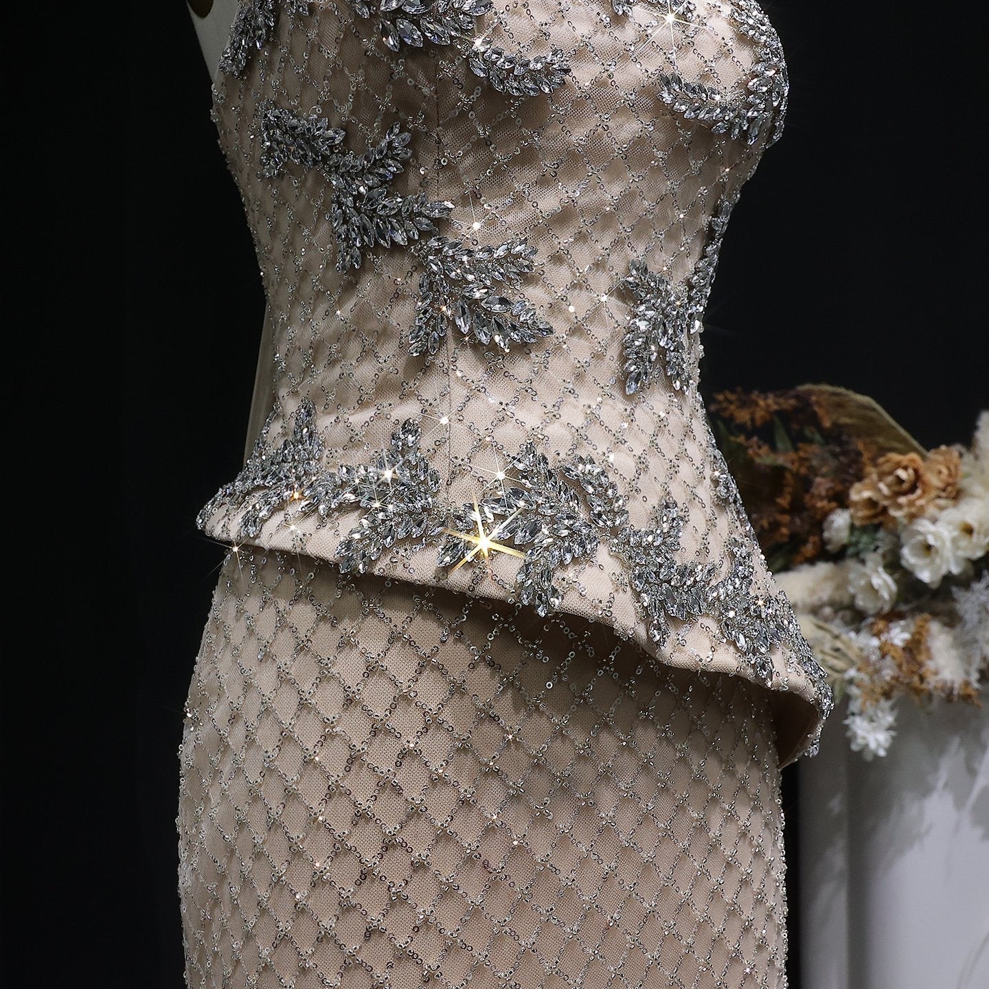 Luxury Silver Crystal Mermaid Evening Dress With Asymmetric Peplum
