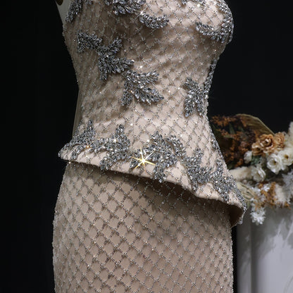 Luxury Silver Crystal Mermaid Evening Dress With Asymmetric Peplum