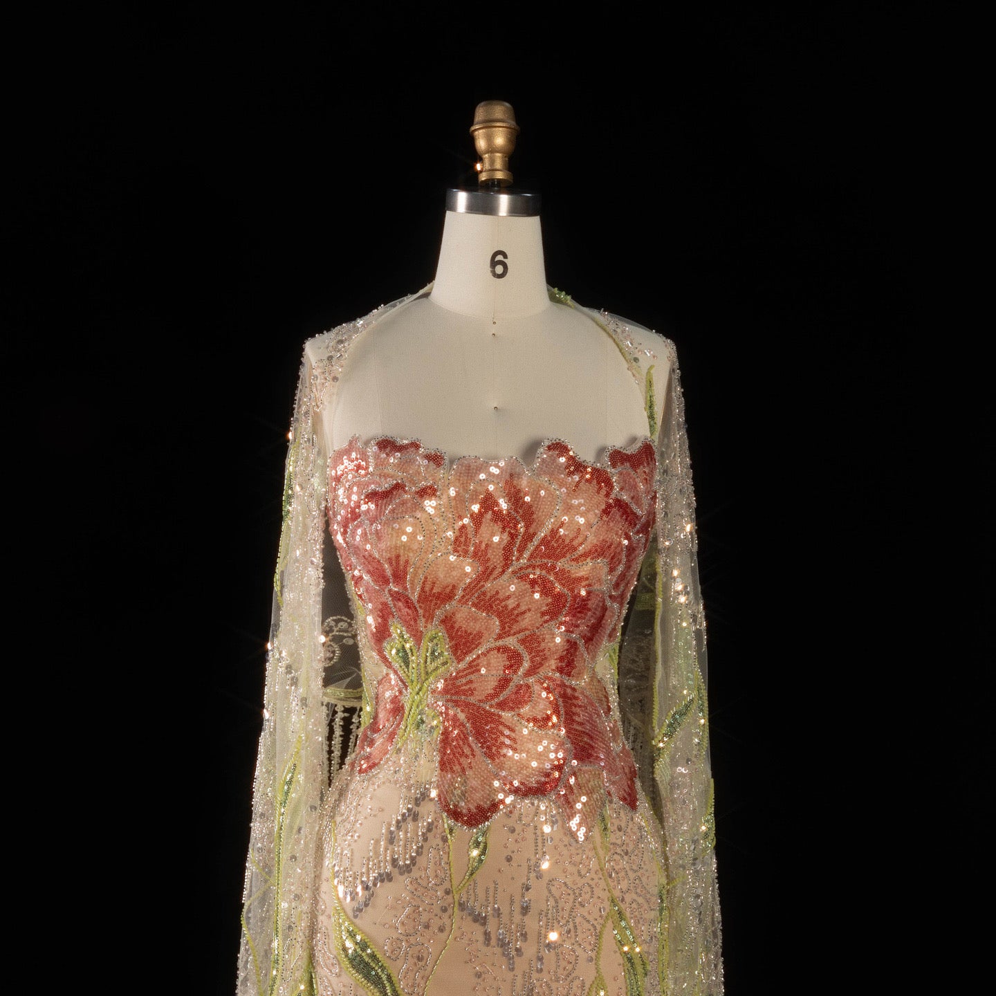 Floral Embroidered Crystal Gown with Fringed Cape Sleeves