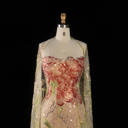 Floral Embroidered Crystal Gown with Fringed Cape Sleeves