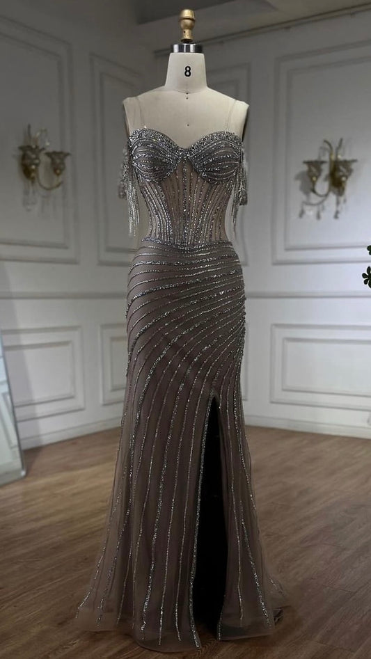 Luxury Silver Nude Mermaid Evening Dress