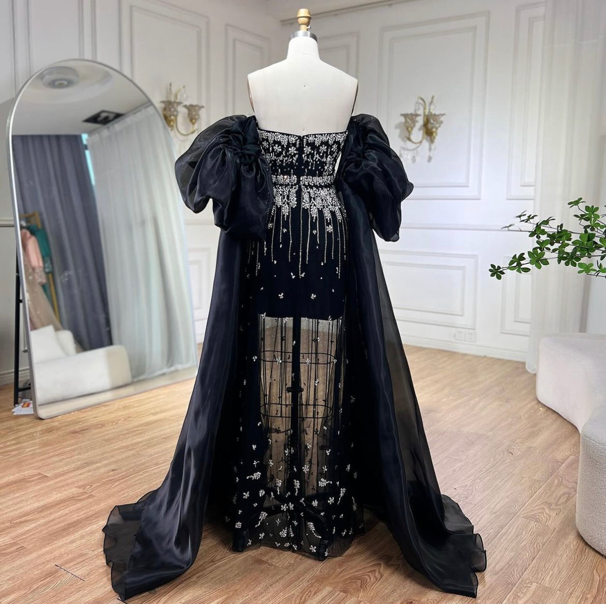 Black Puff Sleeves Evening Dress Gowns Beaded