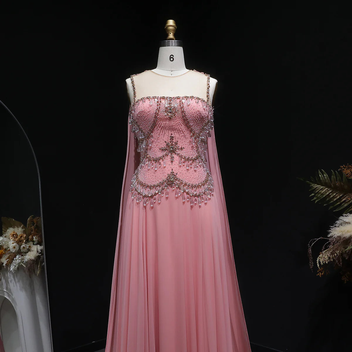 Dusty Rose Pleated Chiffon Gown with Chandelier Beading
