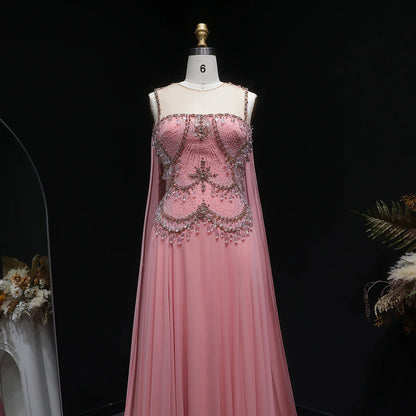 Dusty Rose Pleated Chiffon Gown with Chandelier Beading