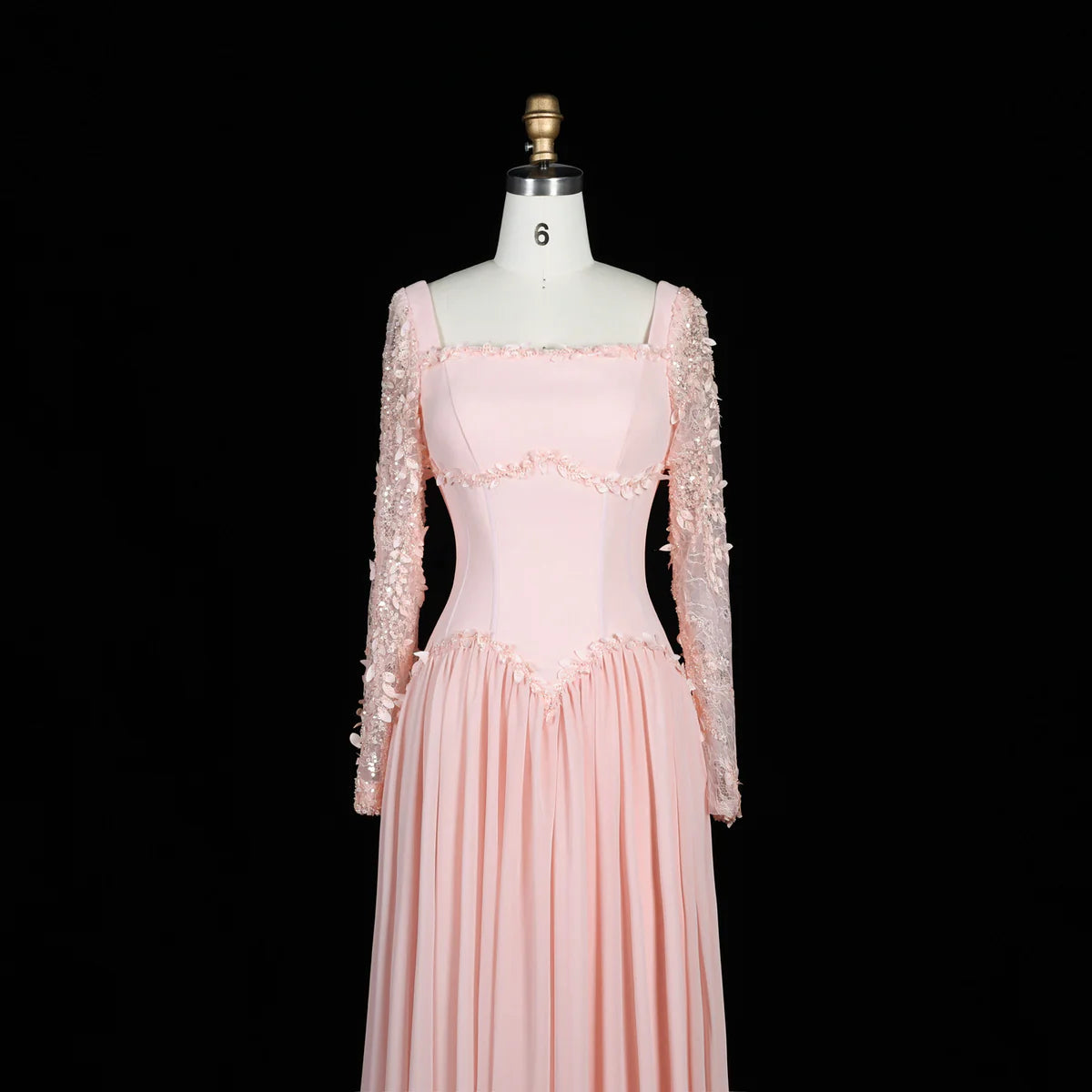 Baby Pink Long-Sleeve Evening Gown with Embellished Lace & V-Waist