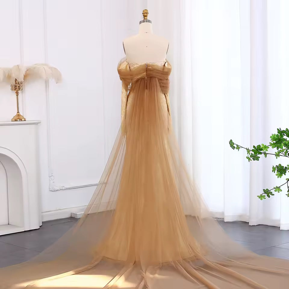 Draped Tulle & Lace Gown with Sheer Flow Cape