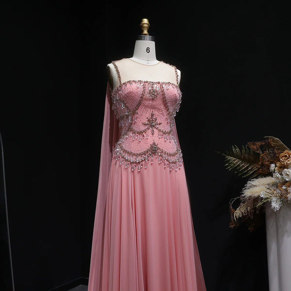 Dusty Rose Pleated Chiffon Gown with Chandelier Beading