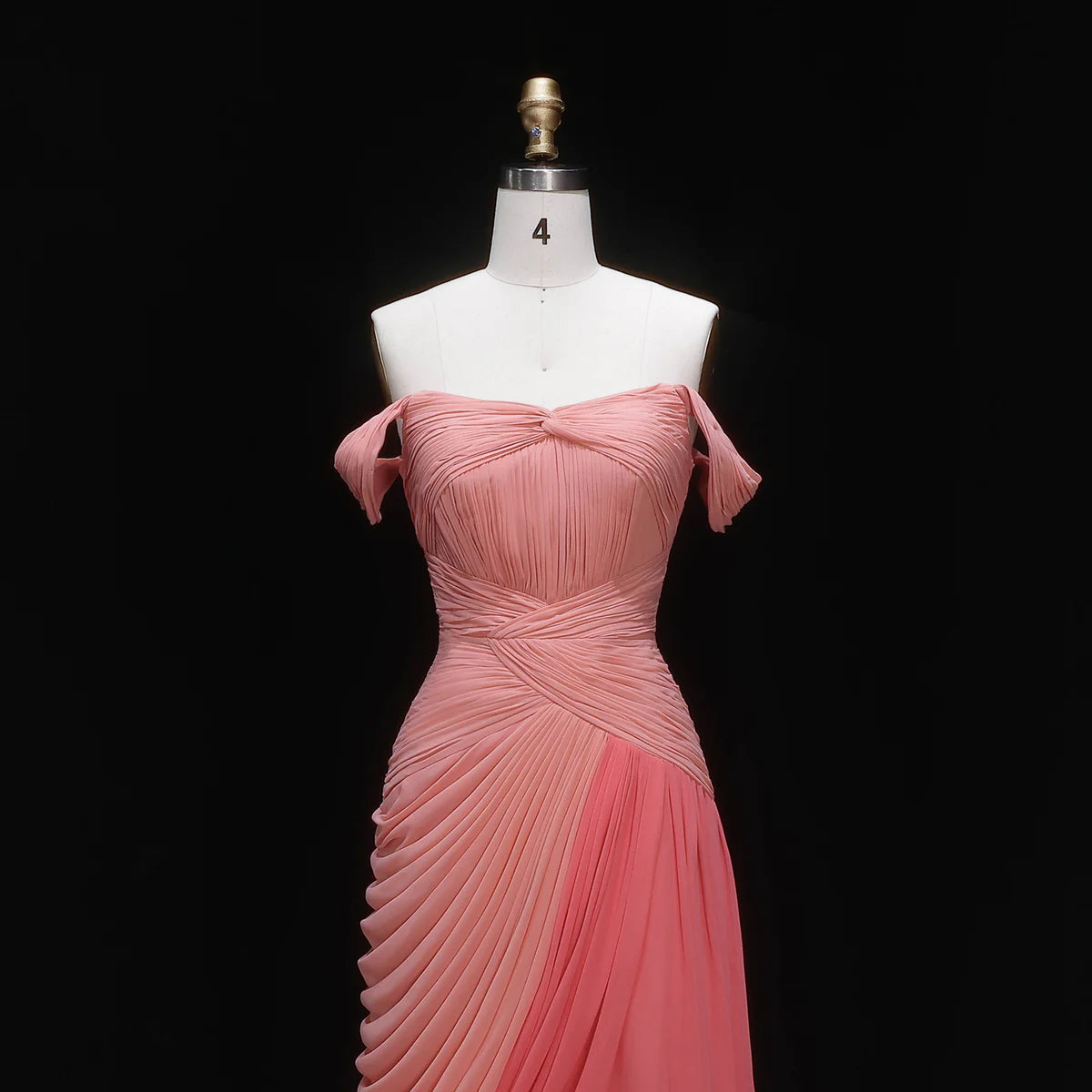 Coral Pink Off-the-Shoulder Chiffon Gown with Cascading Draping & Train
