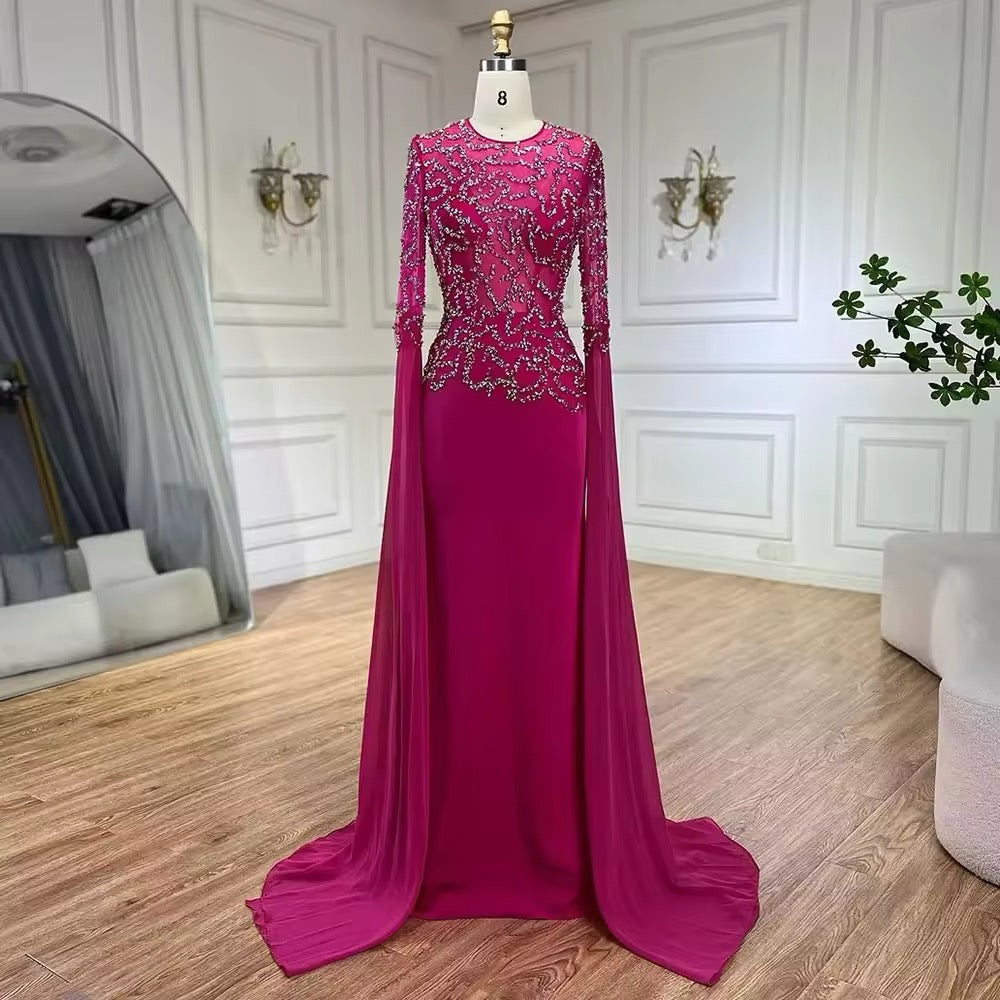 Fuchsia Mermaid Evening Dress, Beaded with Elegant Cape Sleeves