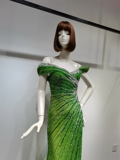 Emerald Enchantment Off-Shoulder Beaded Evening Gown