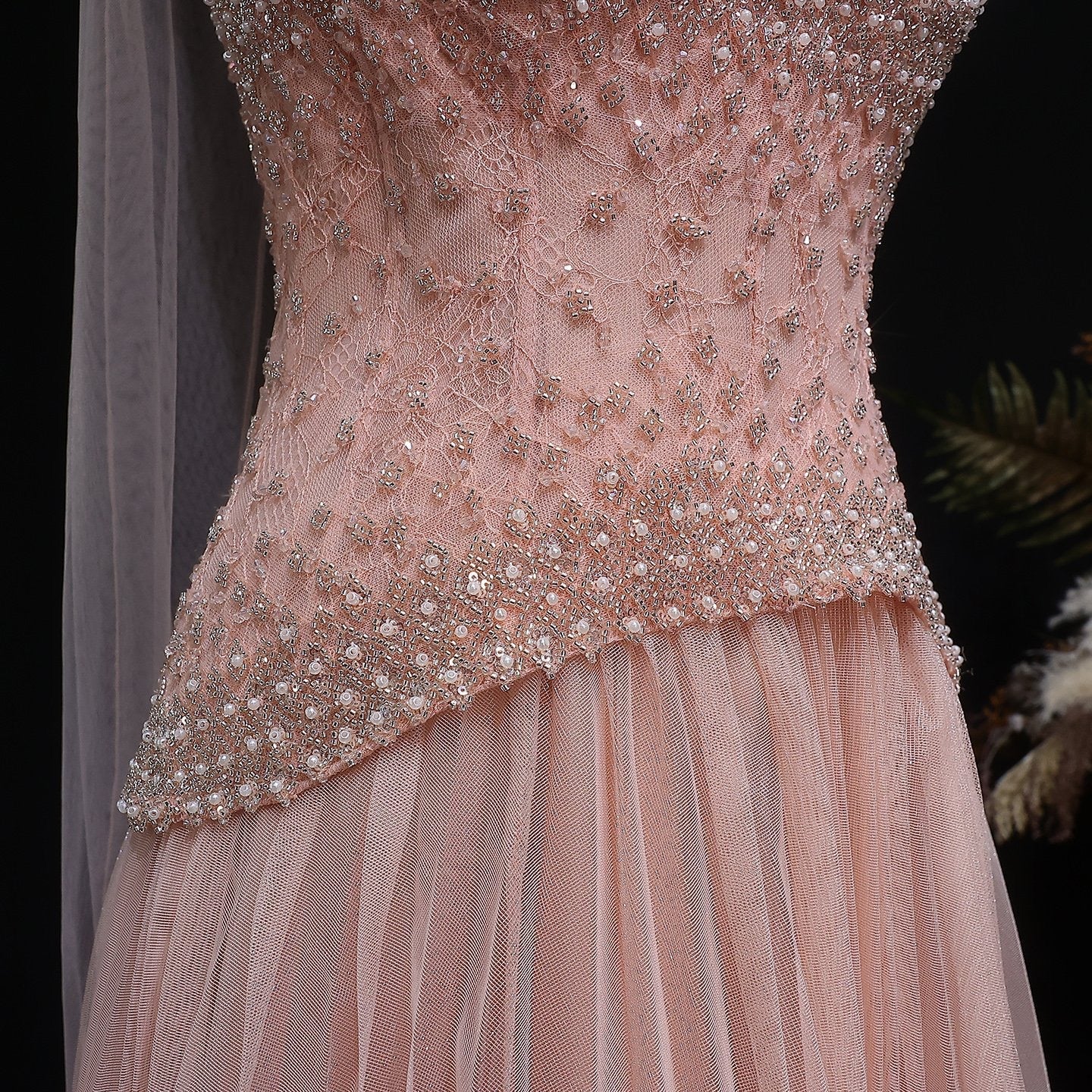 Luxury Dusty Pink Pearl Beaded A-Line Evening Dress With Scarf