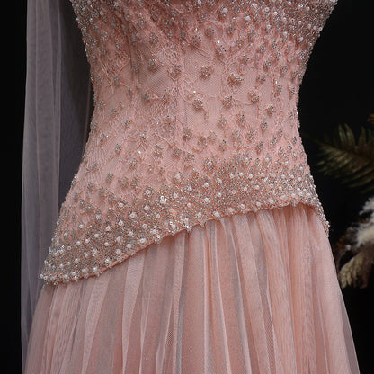Luxury Dusty Pink Pearl Beaded A-Line Evening Dress With Scarf